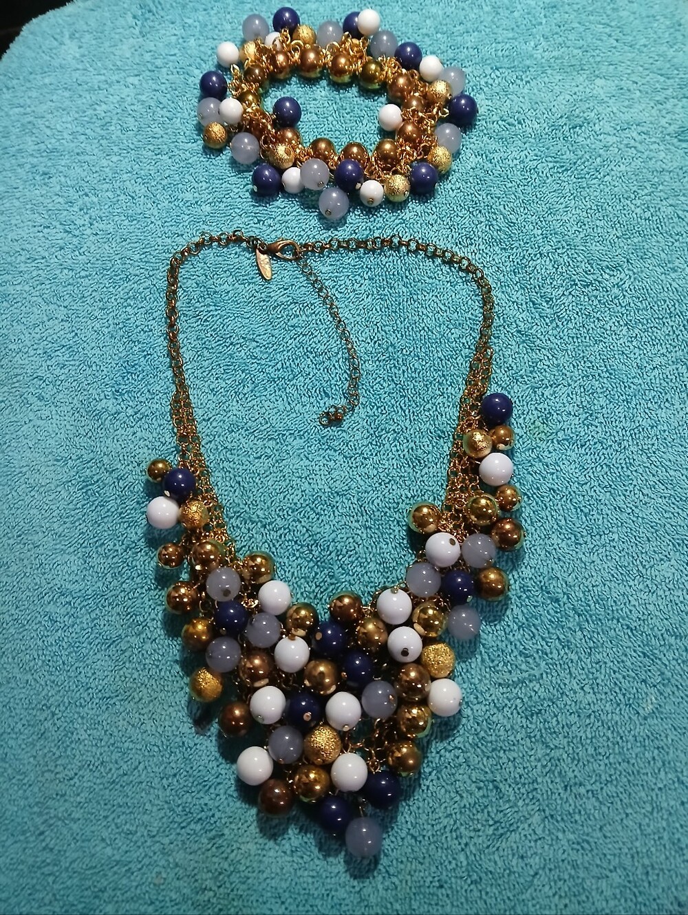 Blue White Gold Copper Beaded Bracelet Necklace Set Statement Jewelry